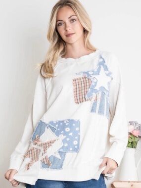 BlueVelvet Seeing Stars ⭐️ Ivory Star Patchwork Pullover Sweatshirt